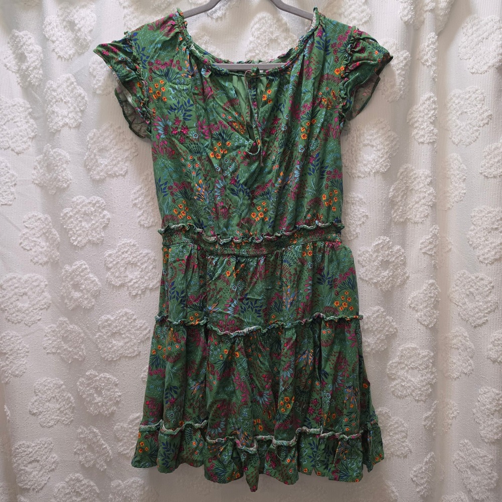 Baltic Born Rio Short Green Floral‎ Smocked Tiered Ruffle Mini Dress 1X Plus